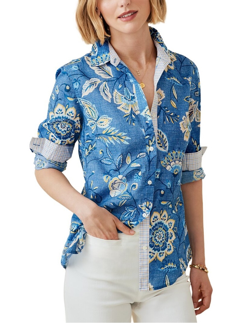 NWT J.McLaughlin Lois Cotton Blouse Denim Yellow Floral Cove Size M